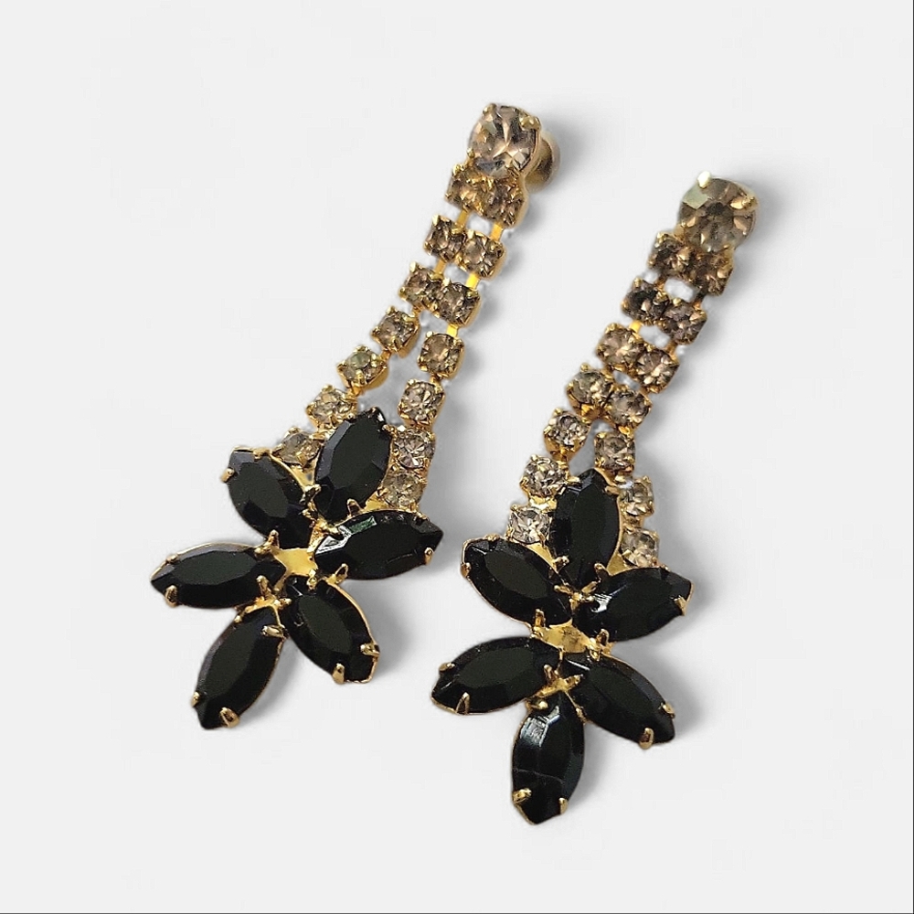 Trifari Rhinestone Dangle Drop Earrings Floral Black Gold Evening Party Formal